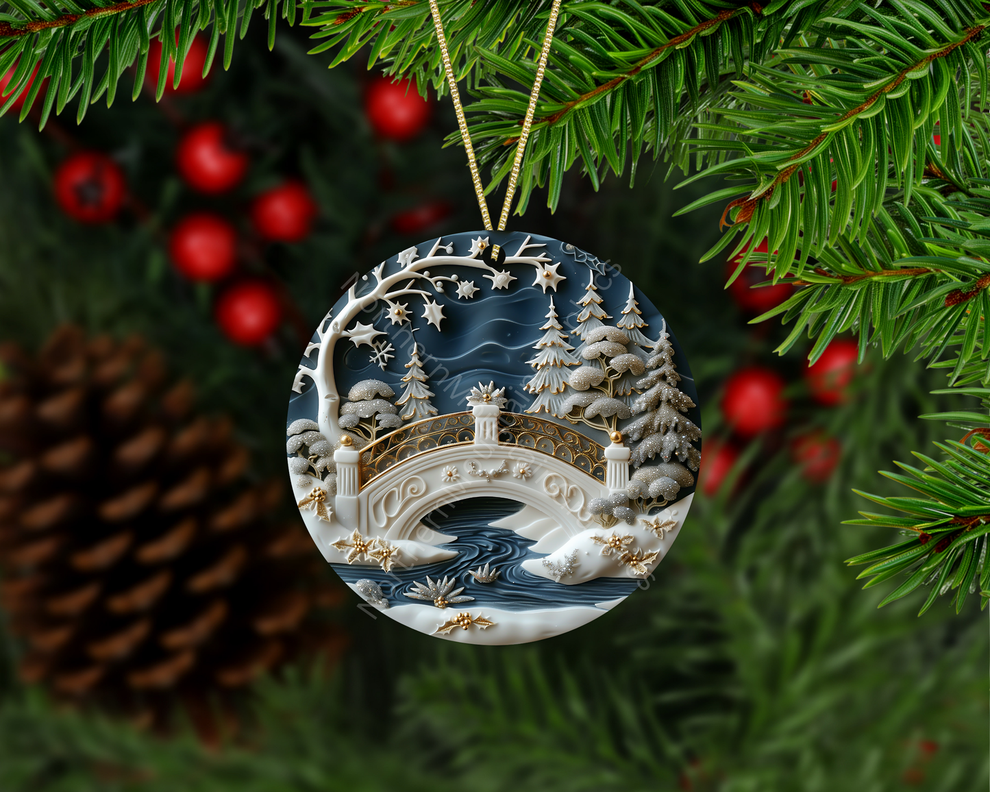 Enchanted Winter Bridge Scene Christmas Ornament