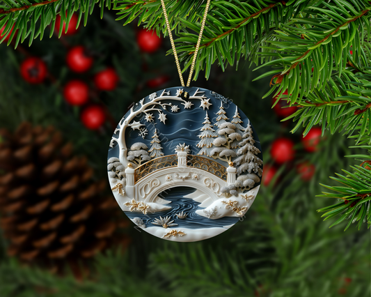 Enchanted Winter Bridge Scene Christmas Ornament