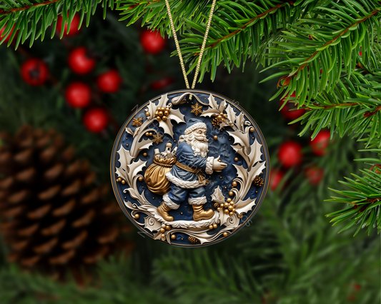 Blue Santa With Gift Sack Christmas Ornament