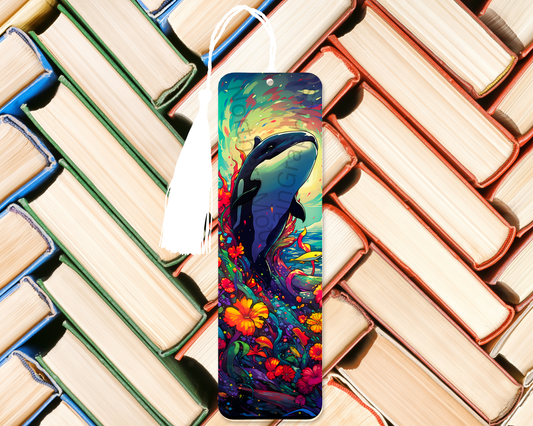 Colorful Whale Among Flowers Bookmark