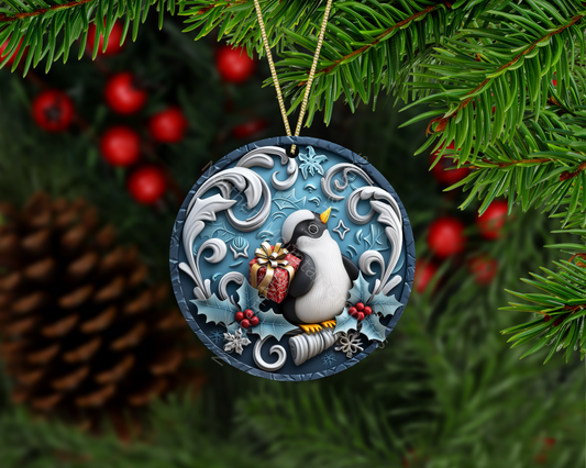 Penguin Holding Christmas Present Christmas Ornament