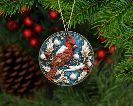 Red Cardinal in Snowy Holly Christmas Ornament