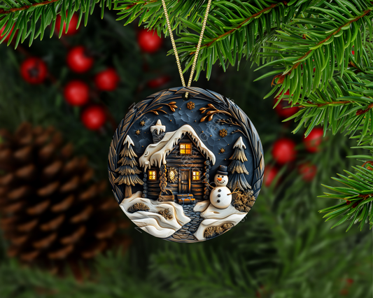 Cozy Log Cabin With Snowman Christmas Ornament