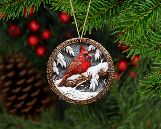 Cardinal in Snowy Pines Christmas Ornament
