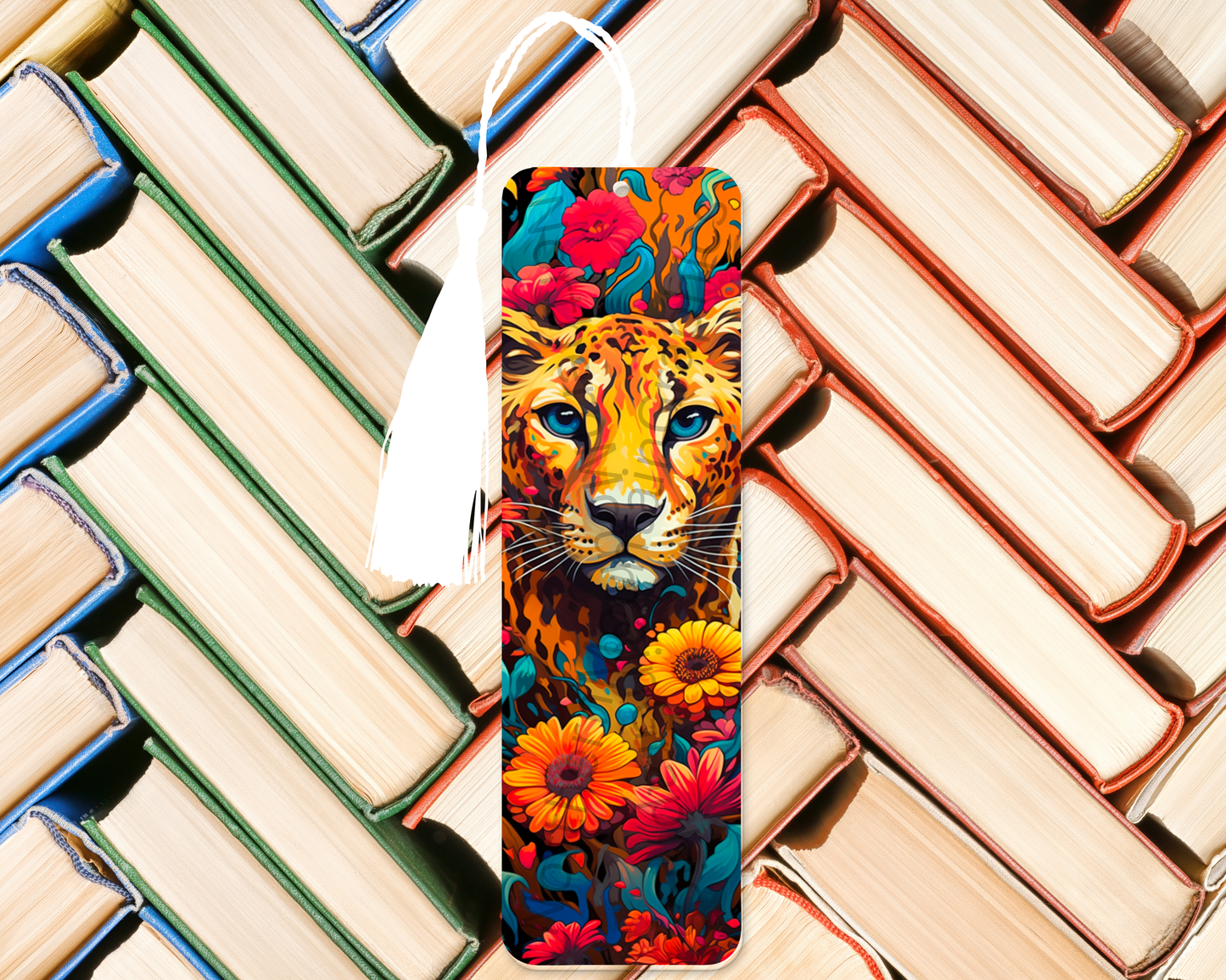 Vibrant Leopard With Flowers Bookmark