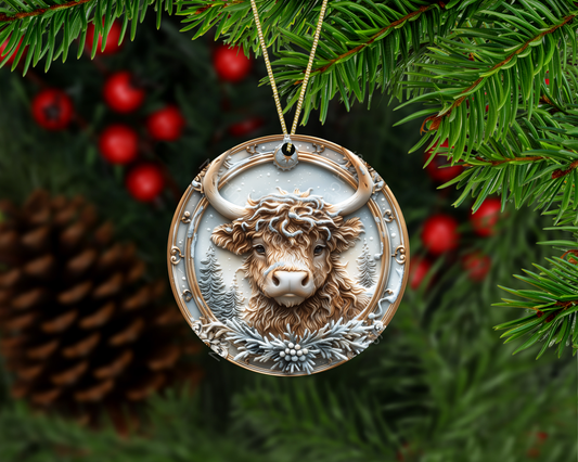 Snowy Highland Cow with Frosted Trees Christmas Ornament