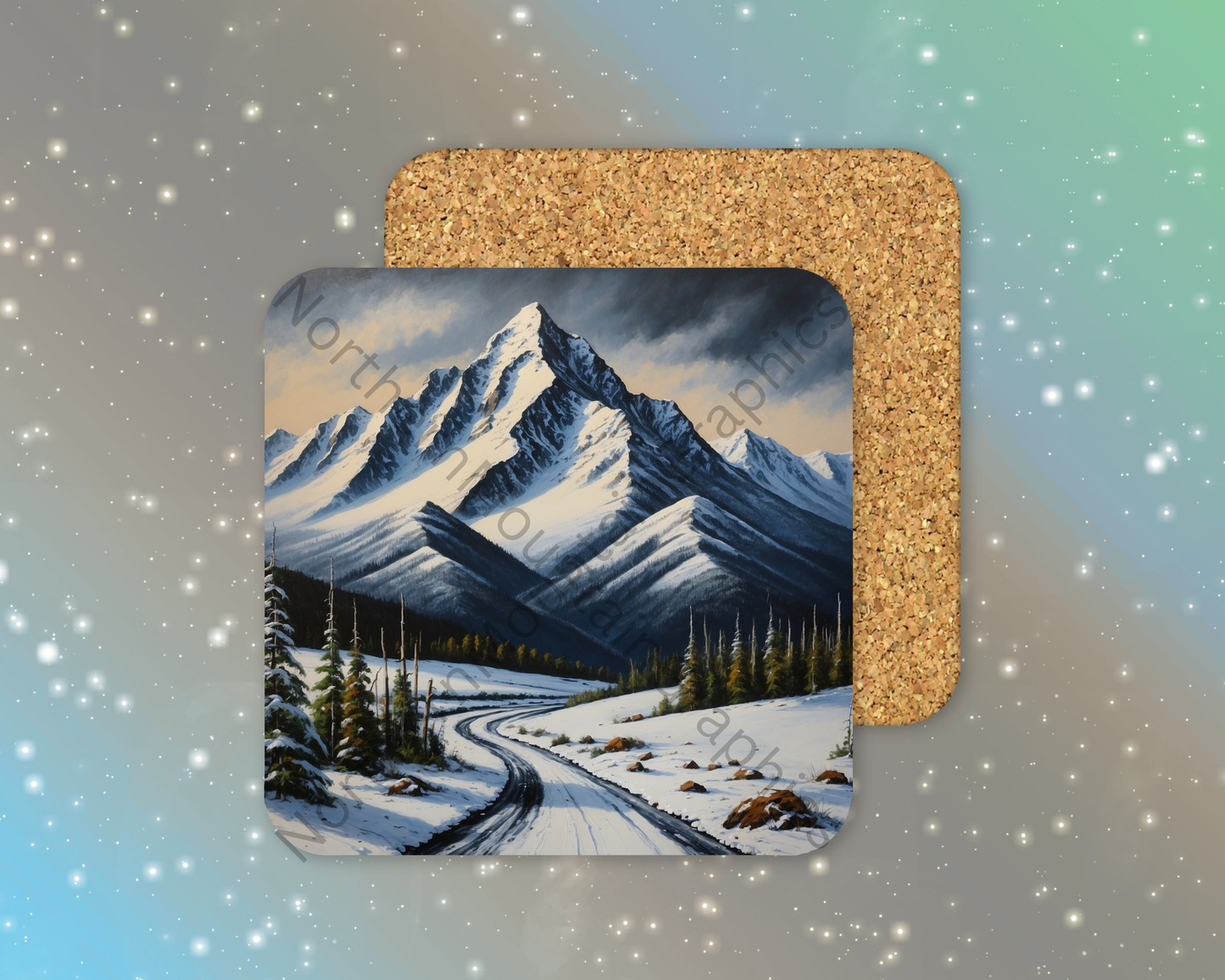 Mountain Road in Snow Winter Square Coaster