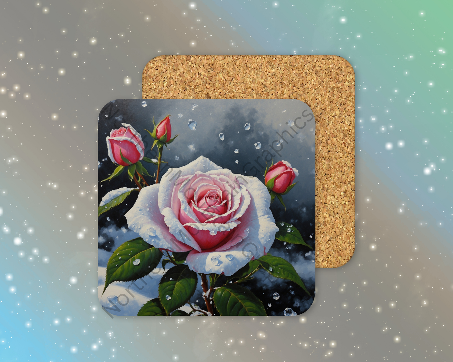 Pink Rose in Snow Winter Square Coaster