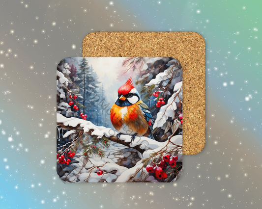 Colorful Songbird on Snowy Branch Winter Square Coaster