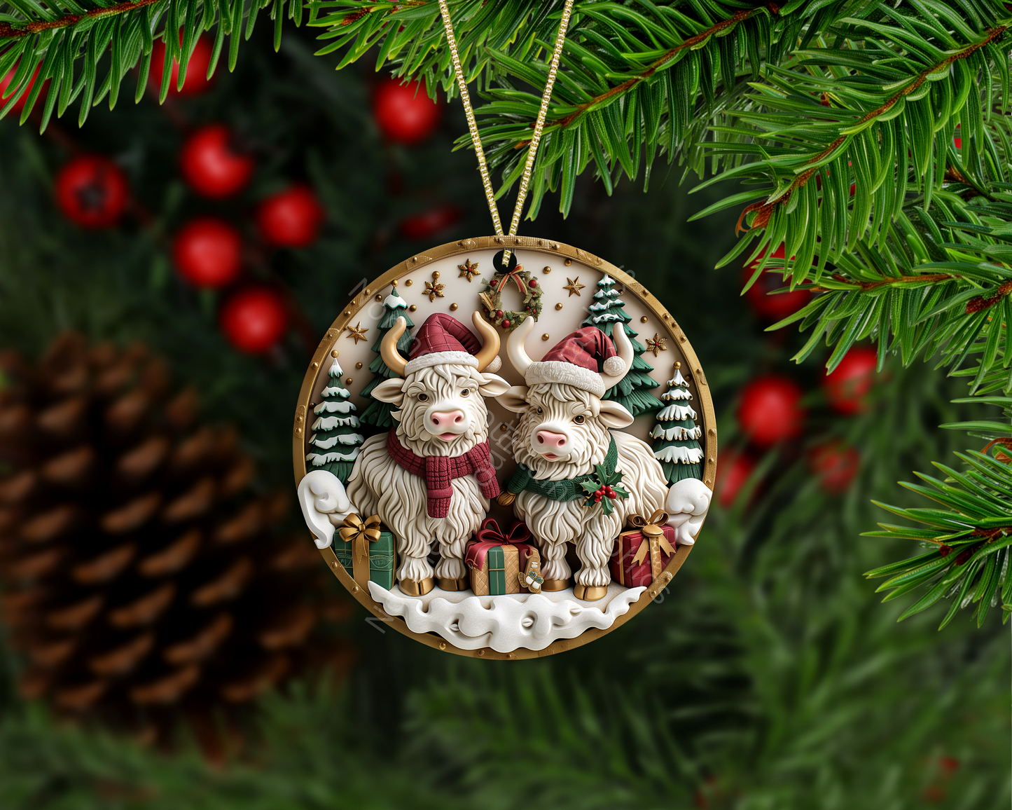 Highland Cow Twins in Holiday Scarves Christmas Ornament