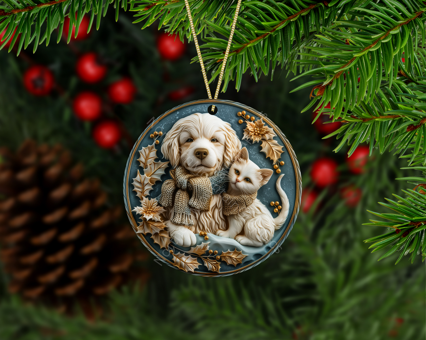 Puppy and Kitten Snuggled in Scarves Christmas Ornament