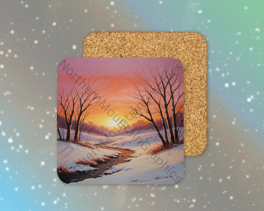 Winter Sunrise Stream Winter Square Coaster