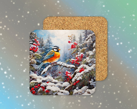 Bright Songbird and Red Winter Berries Winter Square Coaster