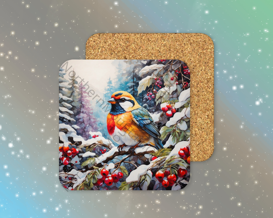 Crimson Songbird in Winter Winter Square Coaster
