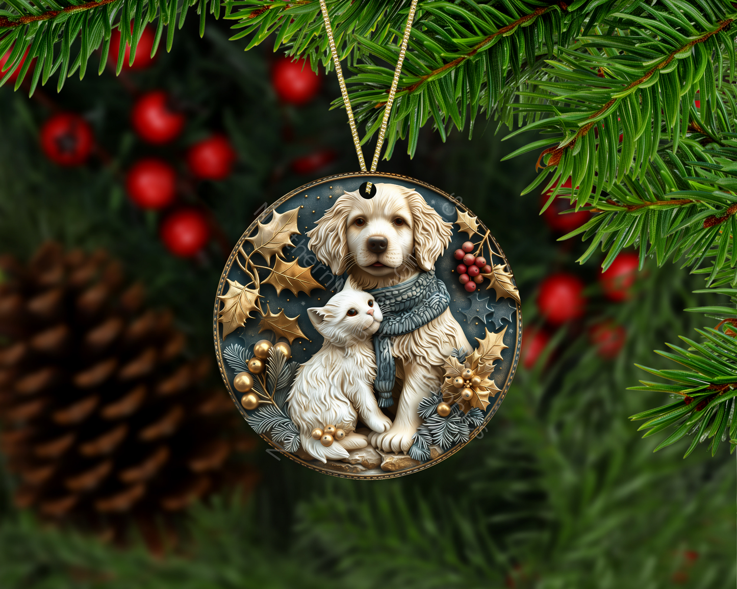 Dog and Kitten Under Holly & Pine Christmas Ornament