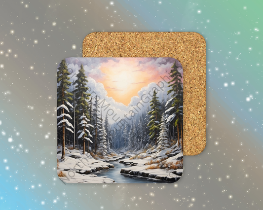 Golden Dawn Over Frozen Pines Winter Square Coaster