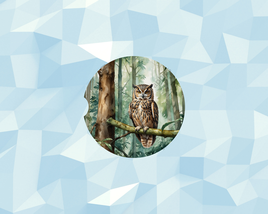 Misty Woodland Owl Watcher Car Coaster