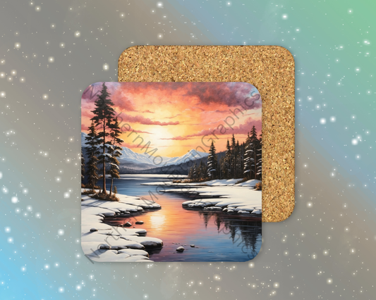 Sunset Over Frozen Lake Winter Square Coaster