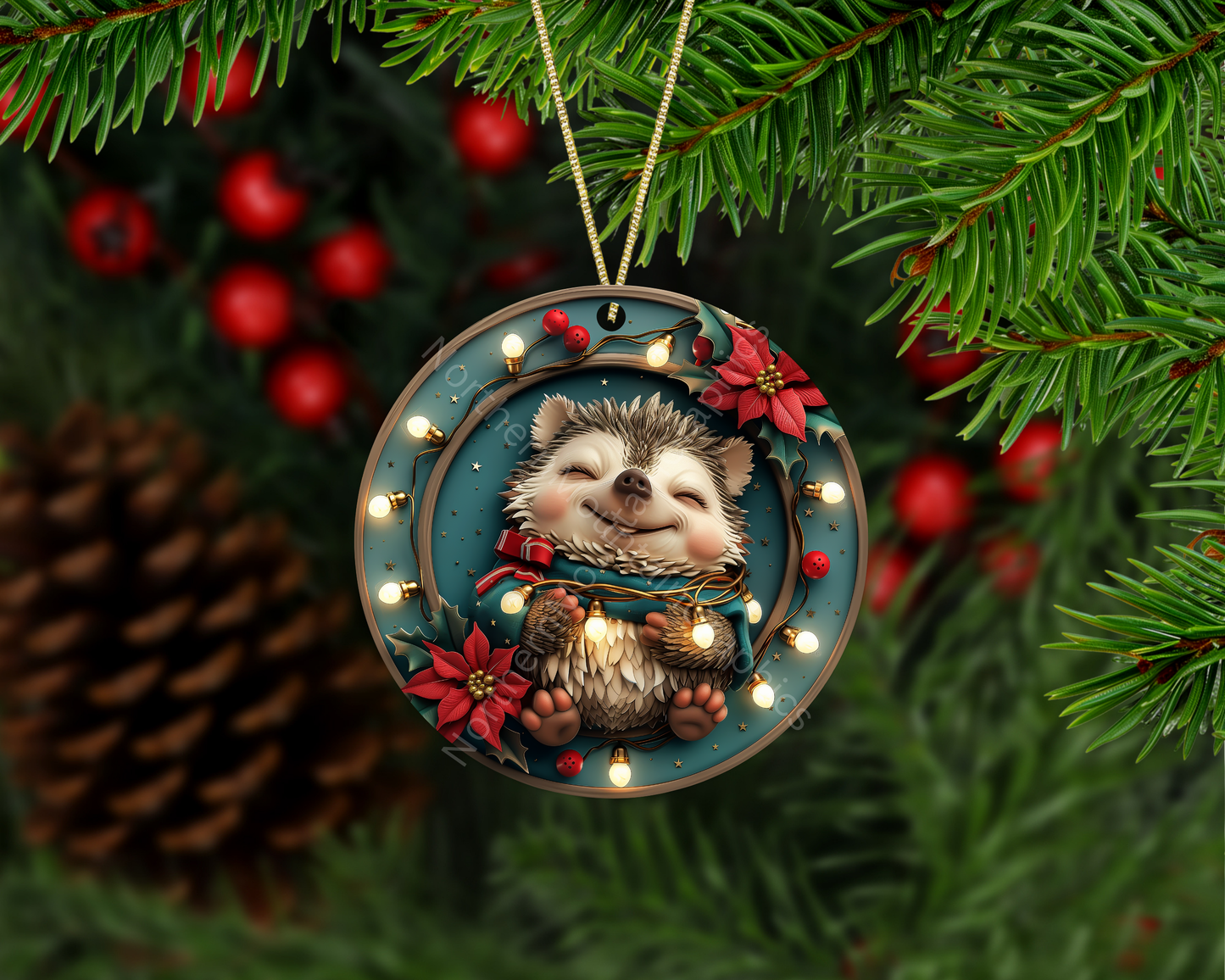 Hedgehog Wrapped in Holiday Lights Christmas Ornament