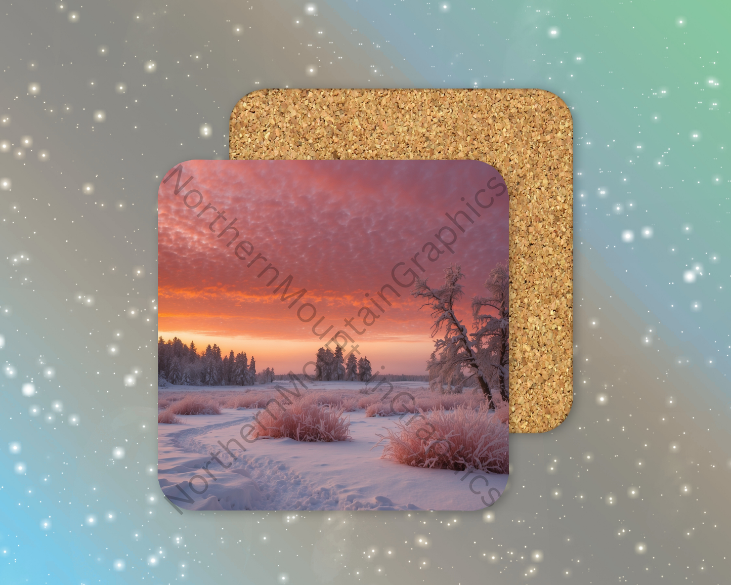 Crimson Frosted Dawn Winter Square Coaster