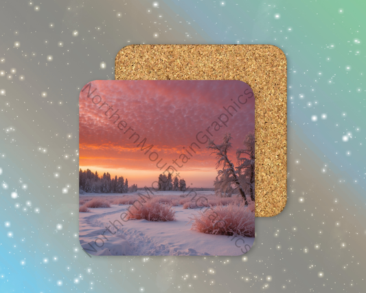 Crimson Frosted Dawn Winter Square Coaster