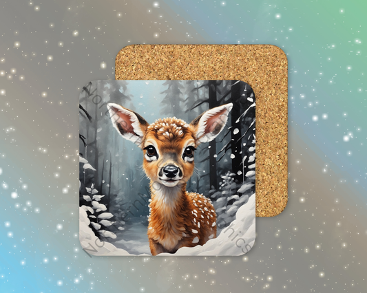 Baby Deer in Snow Winter Square Coaster
