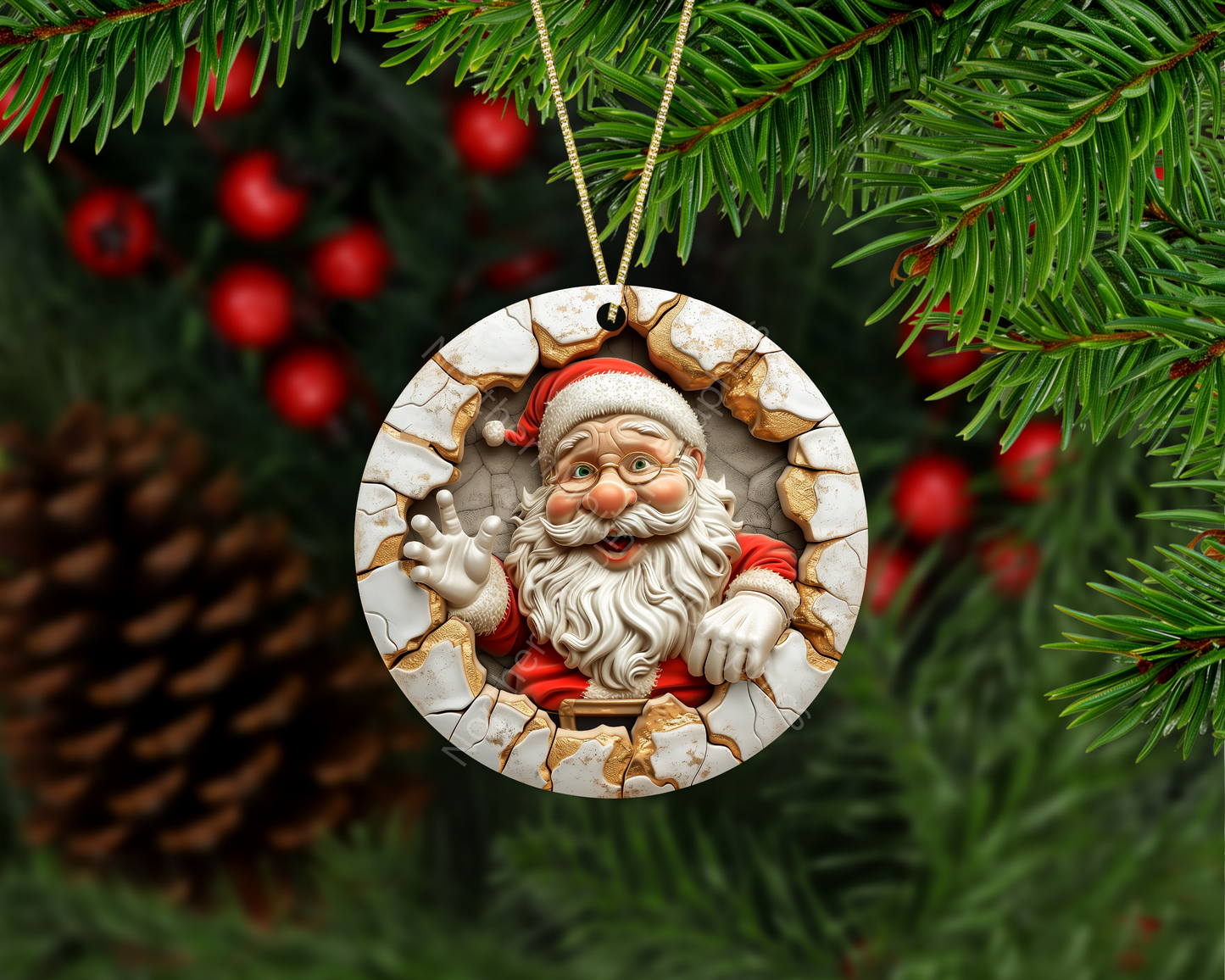 Cheerful Santa Breaking Through Christmas Ornament