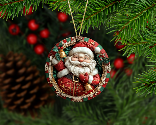 Jolly Santa with Bells & Holly Christmas Ornament