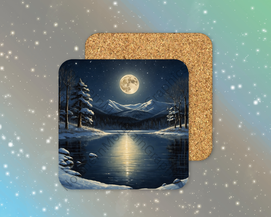 Moonlight Over Frozen Peaks Winter Square Coaster