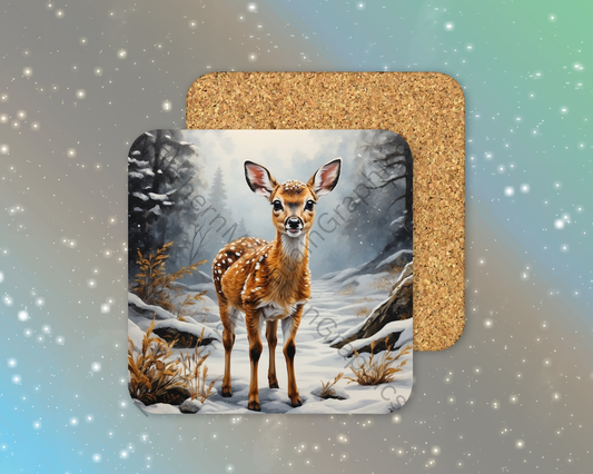 Curious Winter Fawn Winter Square Coaster