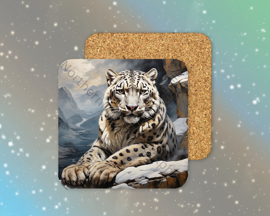 Snow Leopard in Mountain Winter Square Coaster
