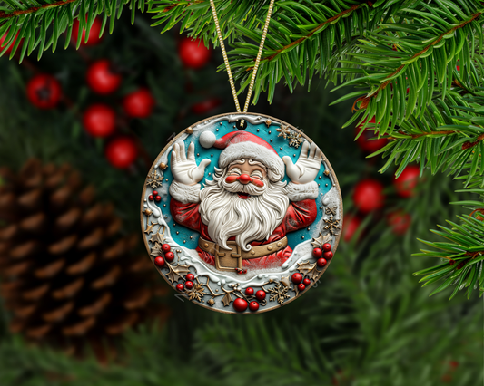Waving Santa Blue Winter Christmas Ornament