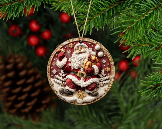 Santa With Gifts & Snowflakes Christmas Ornament