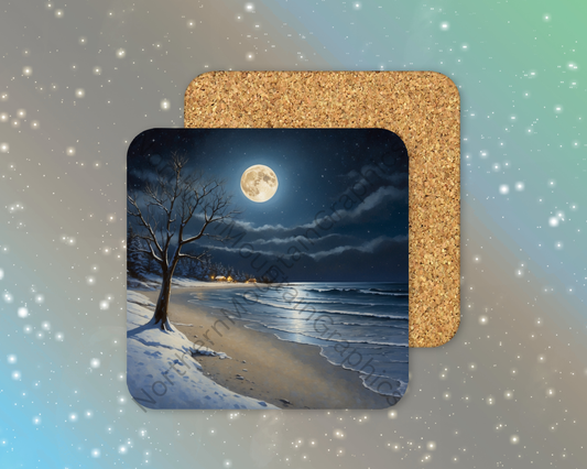 Winter Moon Over the Shore Winter Square Coaster