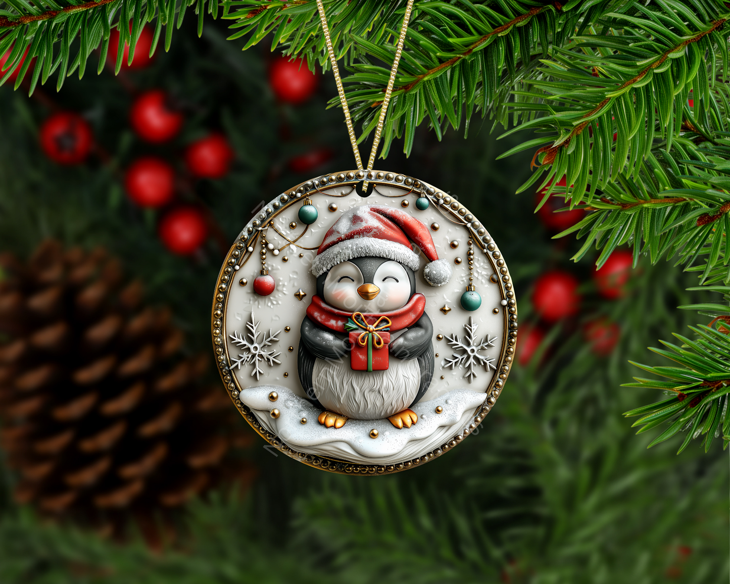 Festive Penguin With Red Gift Box Christmas Ornament