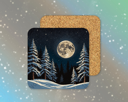 Lunar Glow on Winter Pines Winter Square Coaster