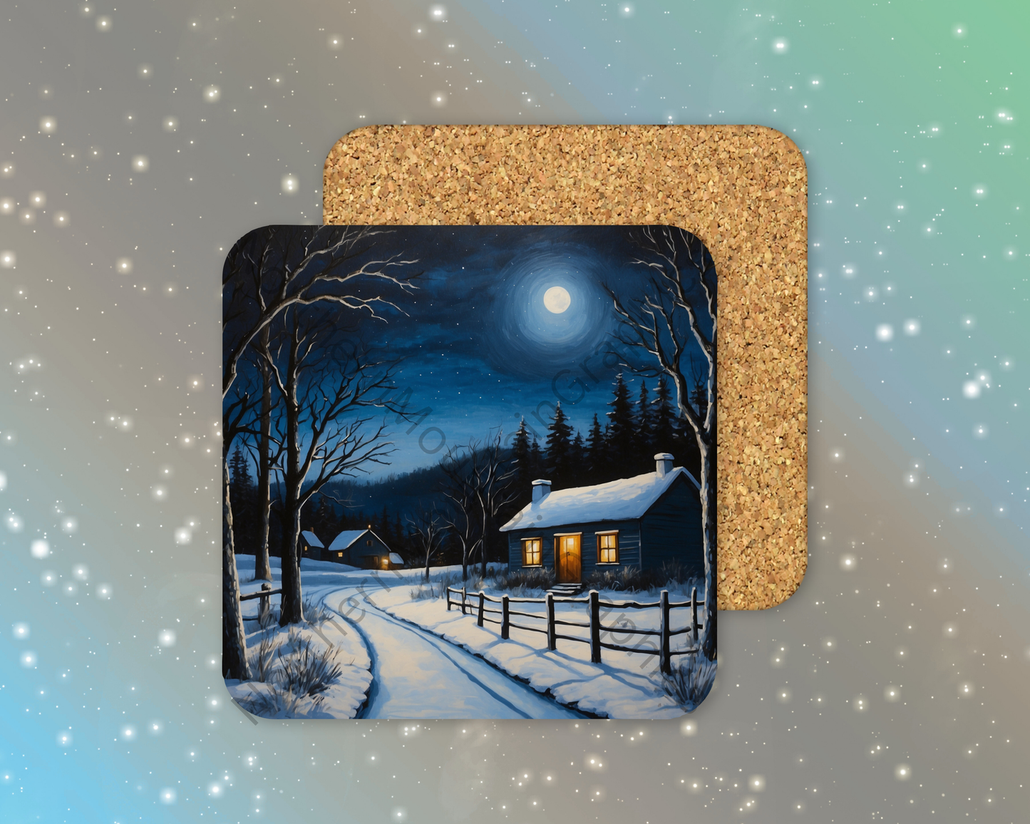 Moonlit Winter Cabin Winter Square Coaster