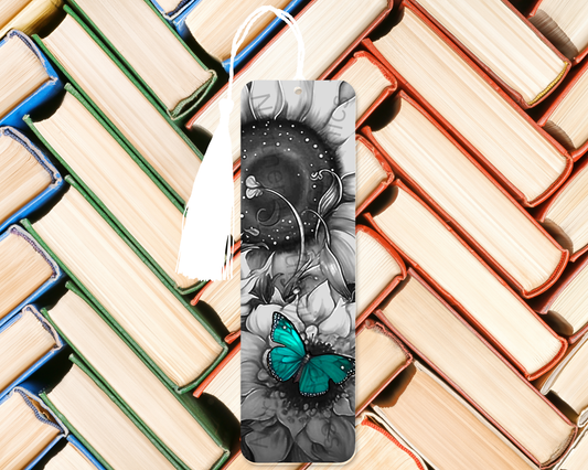 Teal Butterfly on Sunflower Bookmark