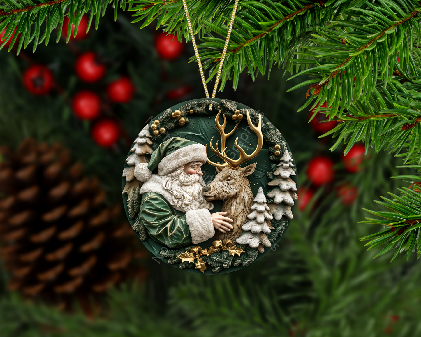 Forest Green Santa With Golden Reindeer Christmas Ornament