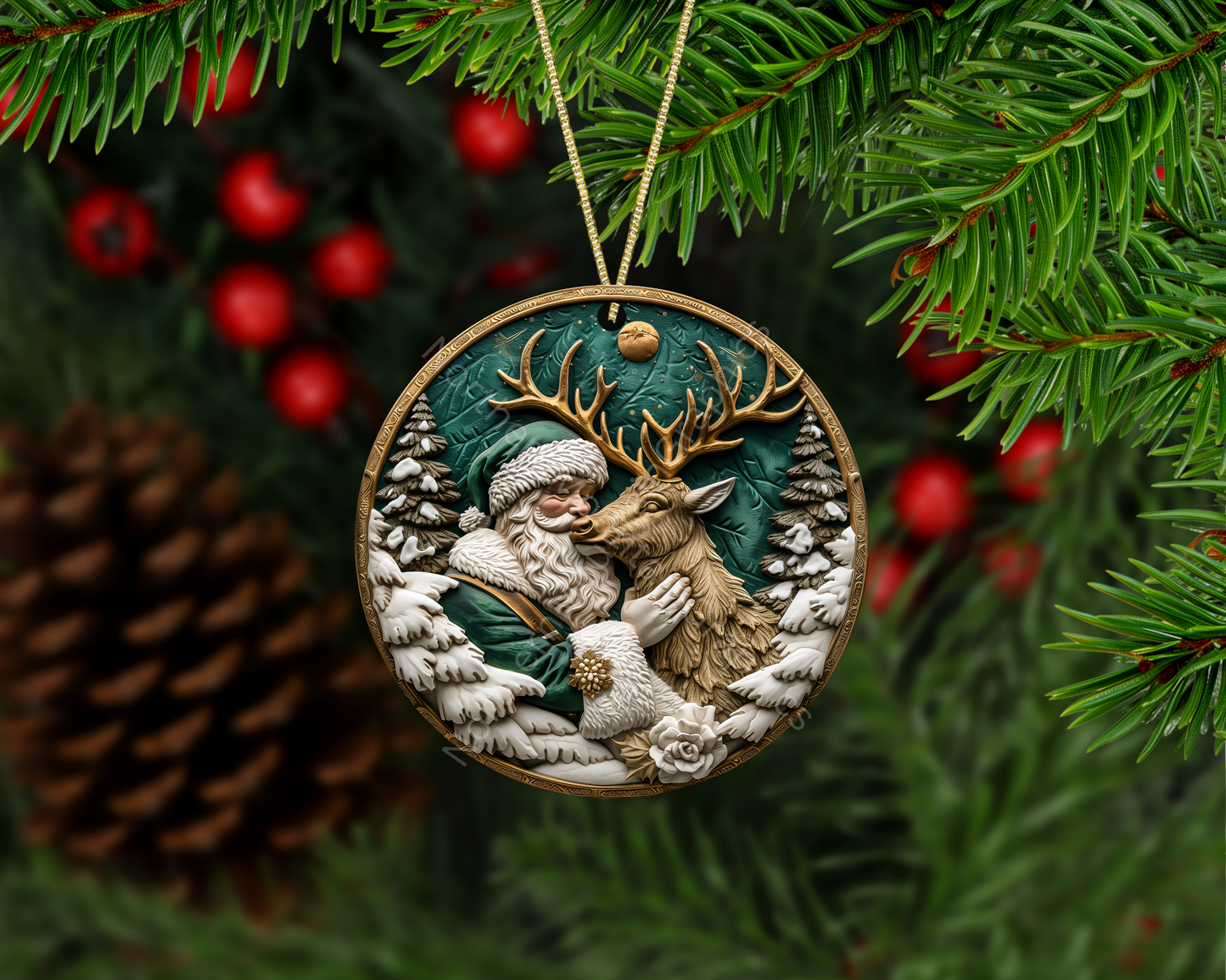 Green-Cloaked Santa Embracing Reindeer Christmas Ornament
