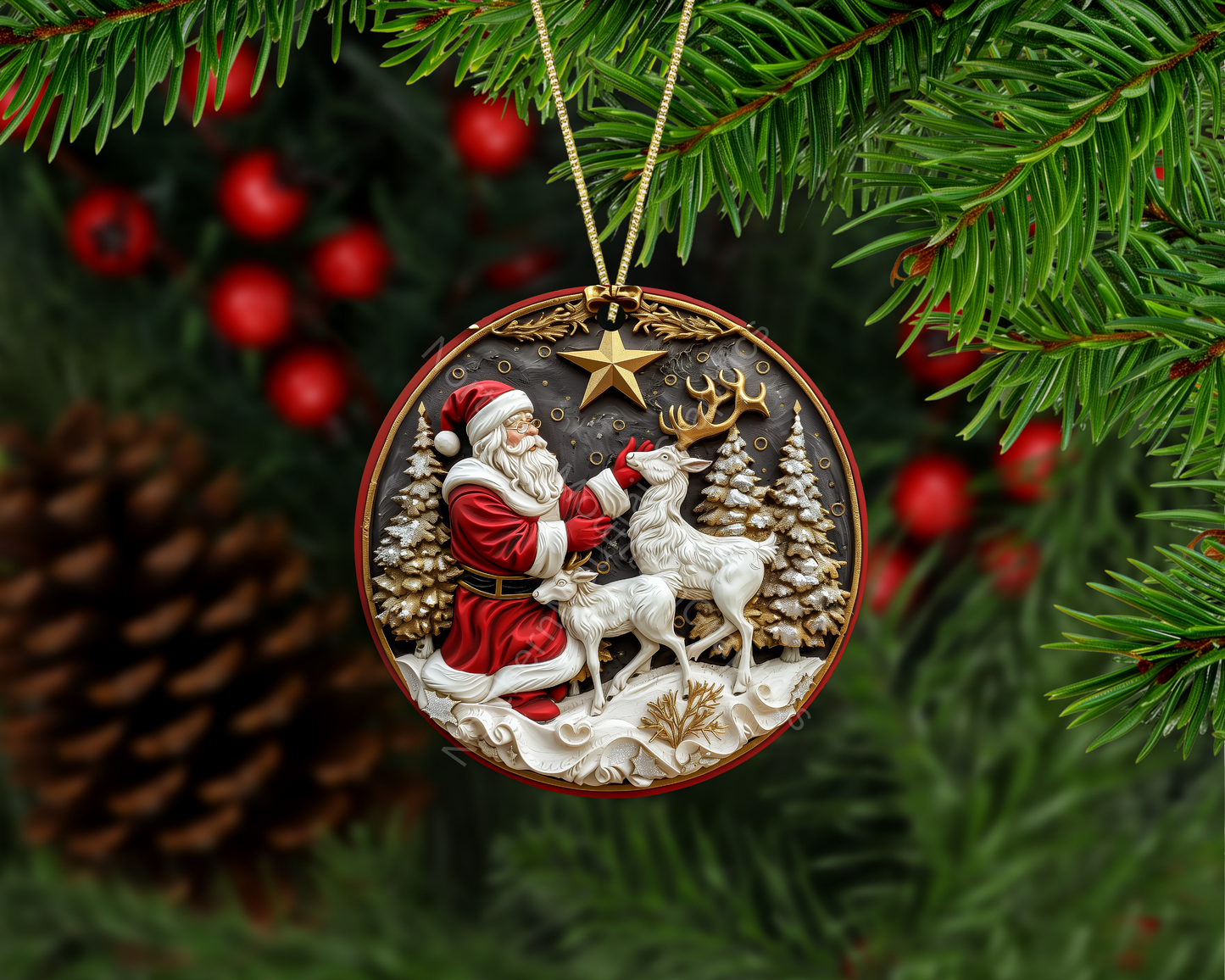 Santa With White Reindeer Family Christmas Ornament