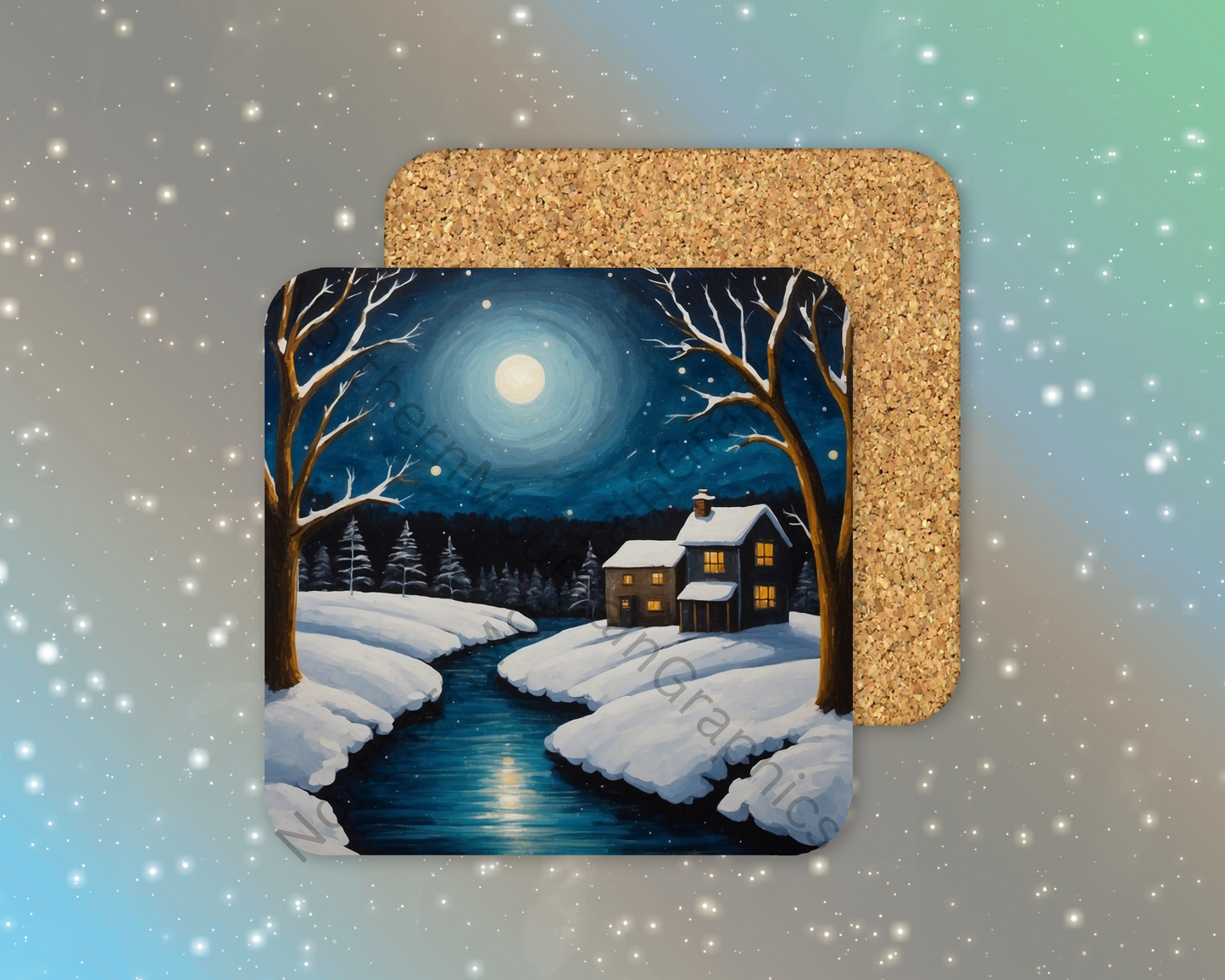 Moonlit Cabin by Frozen River Winter Square Coaster