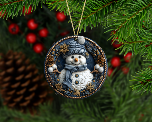 Cozy Blue Winter Snowman Christmas Ornament