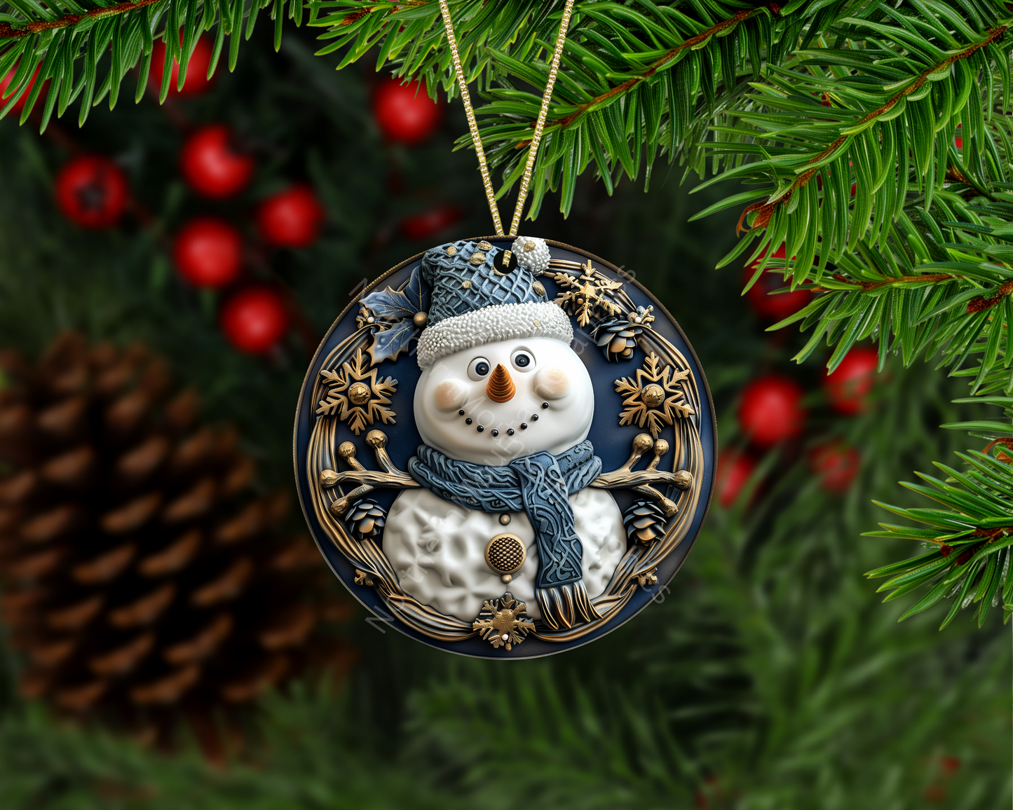 Smiling Snowman in Blue Knit Hat Christmas Ornament