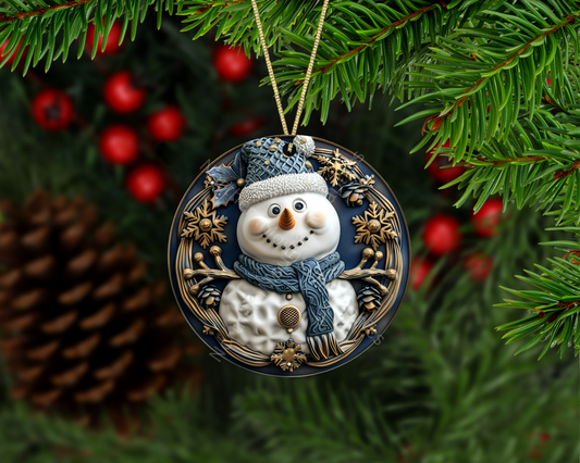 Smiling Snowman in Blue Knit Hat Christmas Ornament