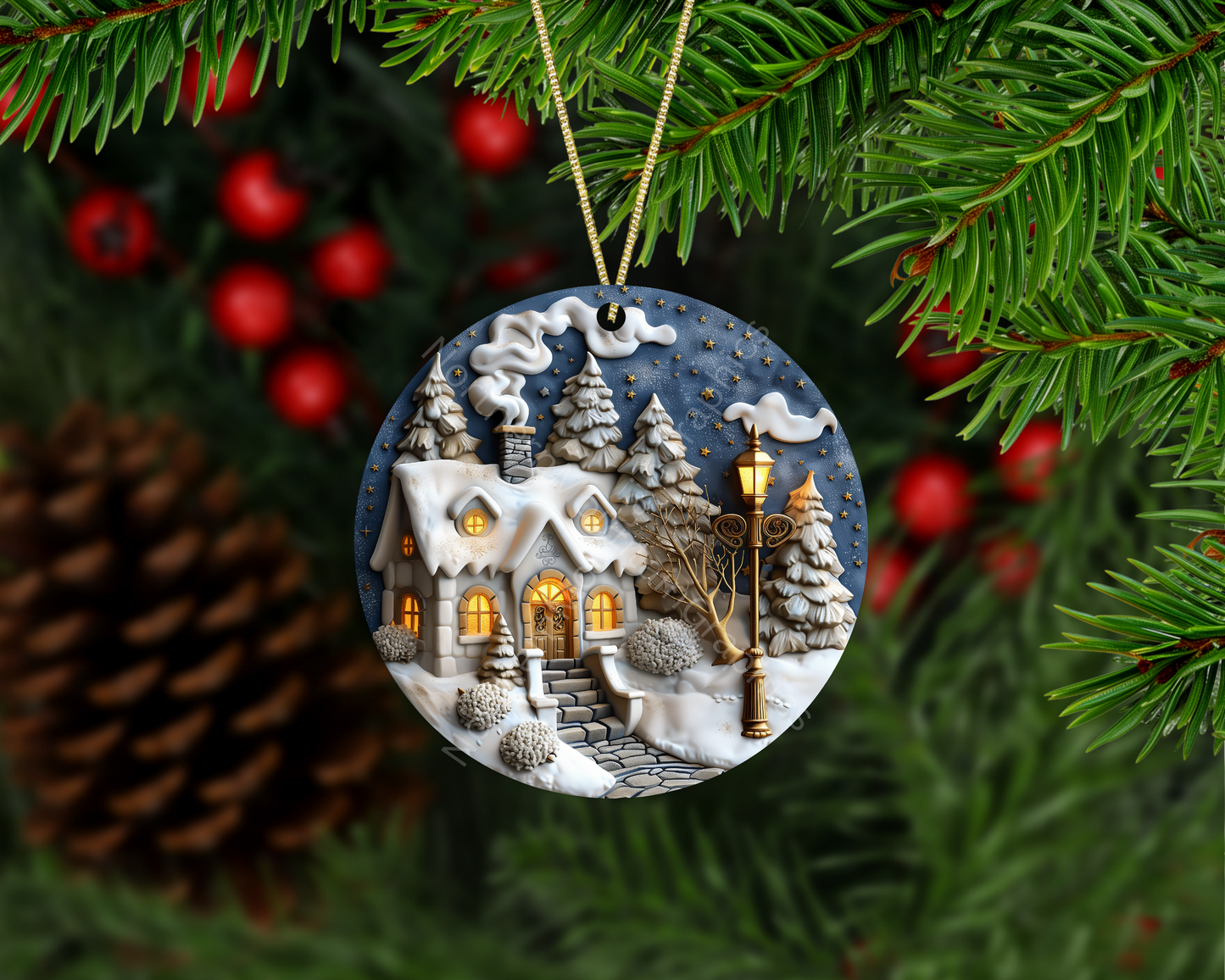 Snowy Cottage & Golden Lamppost Christmas Ornament