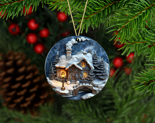 Snowy Cabin & Stone Bridge Christmas Ornament
