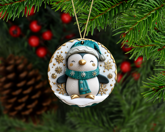 Adorable Teal Penguin Christmas Ornament