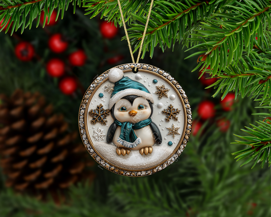 Penguin With Teal Hat Christmas Ornament