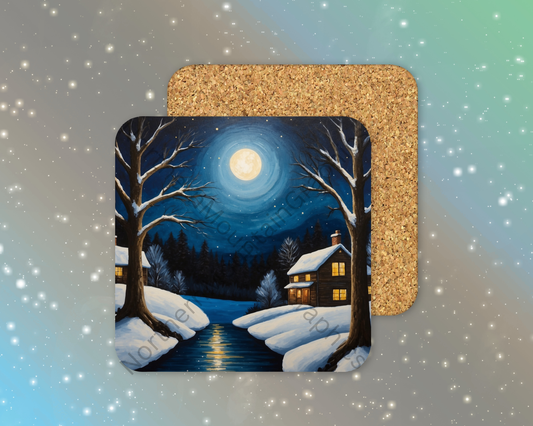 Full Moon Over Cozy Cabin Winter Square Coaster